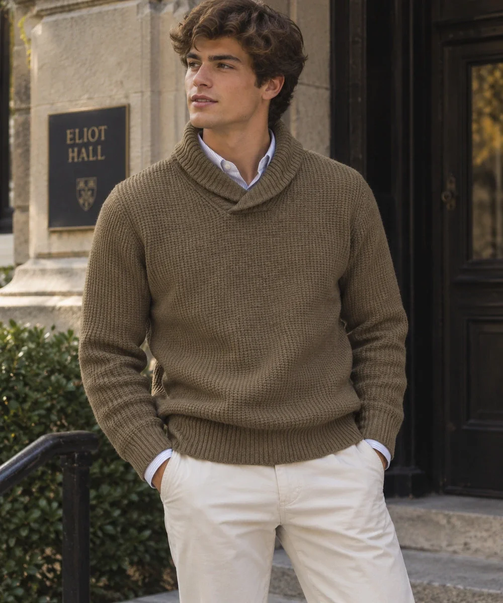 Mens J Crew Lambswool Blend Brown Shawl Collar Sweater Preppy M (actual Small)